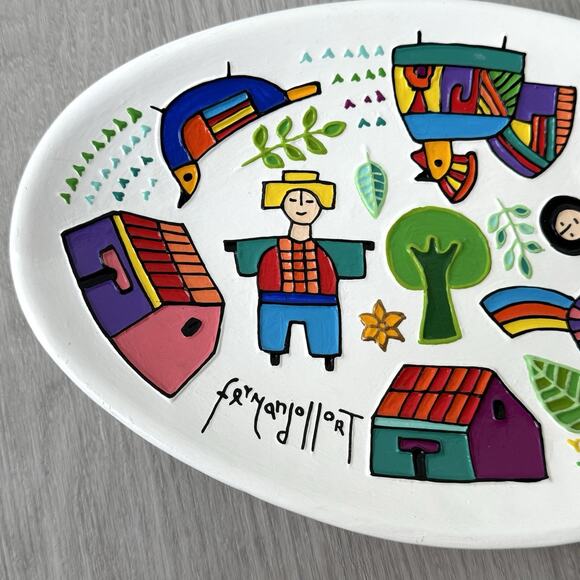 Fernando Llort Signed Art Ceramic Decor Plate Wall Deco Egyptian Bird 12" x 7" - Picture 4 of 7